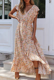 hulianfu Fashion Street Print Split Joint V Neck Waist Skirt Dresses