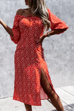 hulianfu Fashion Elegant Polka Dot Frenulum Slit Off the Shoulder Dresses