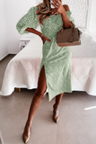 hulianfu Fashion Elegant Polka Dot Frenulum Slit Off the Shoulder Dresses