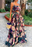 hulianfu Fashion Street Print Patchwork Spaghetti Strap Sleeveless Two Pieces