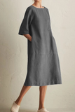hulianfu - Casual Solid Patchwork Pocket O Neck A Line Dresses(6 Colors)