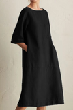 hulianfu - Casual Solid Patchwork Pocket O Neck A Line Dresses(6 Colors)