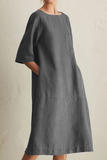 hulianfu - Casual Solid Patchwork Pocket O Neck A Line Dresses(6 Colors)