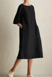 hulianfu - Casual Solid Patchwork Pocket O Neck A Line Dresses(6 Colors)