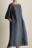 hulianfu - Casual Solid Patchwork Pocket O Neck A Line Dresses(6 Colors)