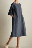 hulianfu - Casual Solid Patchwork Pocket O Neck A Line Dresses(6 Colors)