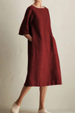 hulianfu - Casual Solid Patchwork Pocket O Neck A Line Dresses(6 Colors)
