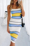 hulianfu Fashion Casual Striped Patchwork Spaghetti Strap Pencil Skirt Dresses