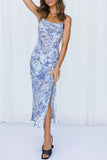 hulianfu Fashion Street Print Slit Spaghetti Strap Wrapped Skirt Dresses
