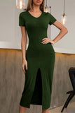 hulianfu Fashion Casual Solid Slit V Neck Pencil Skirt Dresses