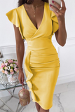 hulianfu Fashion Elegant Solid Flounce Fold V Neck Wrapped Skirt Dresses(9 colors)