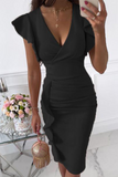 hulianfu Fashion Elegant Solid Flounce Fold V Neck Wrapped Skirt Dresses(9 colors)