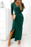 hulianfu Elegant Solid Slit Fold V Neck Evening Dress Dresses(4 Colors)
