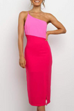 hulianfu Elegant Patchwork Slit Contrast Oblique Collar Pencil Skirt Dresses