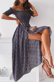 hulianfu Elegant Floral Slit Fold Off the Shoulder Waist Skirt Dresses(5 Colors)