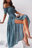 hulianfu Elegant Floral Slit Fold Off the Shoulder Waist Skirt Dresses(5 Colors)