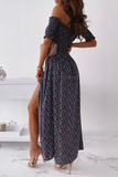 hulianfu Elegant Floral Slit Fold Off the Shoulder Waist Skirt Dresses(5 Colors)