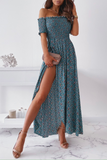 hulianfu Elegant Floral Slit Fold Off the Shoulder Waist Skirt Dresses(5 Colors)