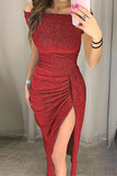 hulianfu Fashion Elegant Solid Slit Sequined Off the Shoulder Wrapped Skirt Dresses(3 Colors)