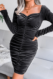 hulianfu Fashion Elegant Solid Split Joint Fold Square Collar Pencil Skirt Dresses