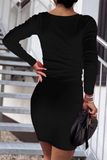 hulianfu Elegant Solid Patchwork Basic V Neck Pencil Skirt Dresses