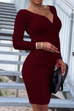 hulianfu Elegant Solid Patchwork Basic V Neck Pencil Skirt Dresses