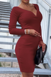 hulianfu Elegant Solid Patchwork Basic V Neck Pencil Skirt Dresses