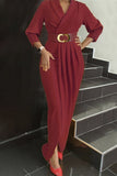 hulianfu Elegant Solid Patchwork Fold With Belt V Neck Long Sleeve Plus Size Dresses