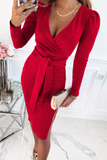 hulianfu Fashion Elegant Solid Slit With Belt V Neck Wrapped Skirt Dresses(5 Colors)