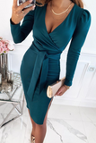 hulianfu Fashion Elegant Solid Slit With Belt V Neck Wrapped Skirt Dresses(5 Colors)