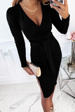 hulianfu Fashion Elegant Solid Slit With Belt V Neck Wrapped Skirt Dresses