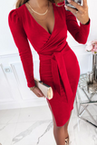 hulianfu Fashion Elegant Solid Slit With Belt V Neck Wrapped Skirt Dresses