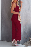 hulianfu Fashion Street Solid Patchwork Backless V Neck Straight Jumpsuits