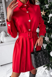 hulianfu Fashion Elegant Solid Buckle With Belt Turndown Collar Pleated Dresses