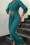 hulianfu Elegant Solid Patchwork Fold With Belt V Neck Long Sleeve Plus Size Dresses