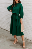 hulianfu Casual Solid Patchwork With Belt O Neck Waist Skirt Dresses