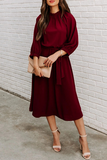 hulianfu Casual Solid Patchwork With Belt O Neck Waist Skirt Dresses