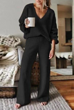 hulianfu Casual Solid Split Joint V Neck Long Sleeve Two Pieces