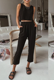 hulianfu Casual Solid Patchwork O Neck Sleeveless Two Pieces(4 Colors)