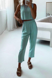 hulianfu Casual Solid Patchwork O Neck Sleeveless Two Pieces(4 Colors)