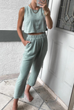 hulianfu Casual Solid Patchwork O Neck Sleeveless Two Pieces(4 Colors)