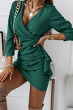 hulianfu Fashion Elegant Solid Patchwork Fold V Neck Pencil Skirt Dresses(4 Colors)