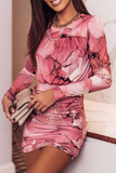 hulianfu Casual Print Patchwork O Neck Pencil Skirt Dresses