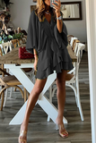 hulianfu Casual Solid Patchwork V Neck Cake Skirt Dresses(4 Colors)