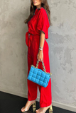 hulianfu Fashion Solid Patchwork Turndown Collar Short Sleeve Two Pieces