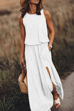 hulianfu Fashion Casual Solid Patchwork Slit O Neck Waist Skirt Dresses(8 Colors)