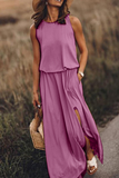 hulianfu Fashion Casual Solid Patchwork Slit O Neck Waist Skirt Dresses(8 Colors)