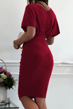 hulianfu Fashion Solid Split Joint V Neck Waist Skirt Dresses(5 colors)