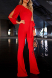 hulianfu Casual Solid Patchwork One Shoulder Regular Jumpsuits(7 Colors)