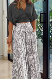 hulianfu Fashion Print Split Joint V Neck Short Sleeve Two Pieces(4 colors)